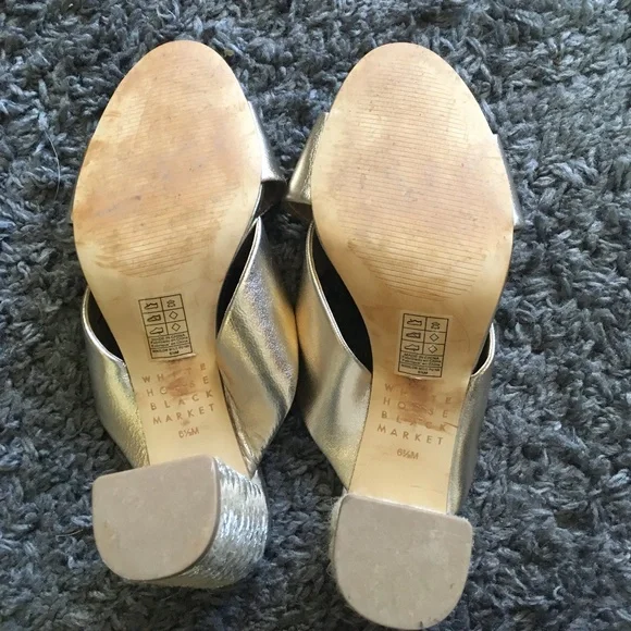 White House Black Market Gold Metallic Criss Cross Slides 6.5 Stunning - Picture 4 of 5